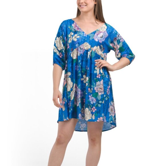 NWT Johnny Was Dove A-Line Cover-Up Blue Floral Pleated Tunic Dress Tie Front OS - Picture 1 of 2